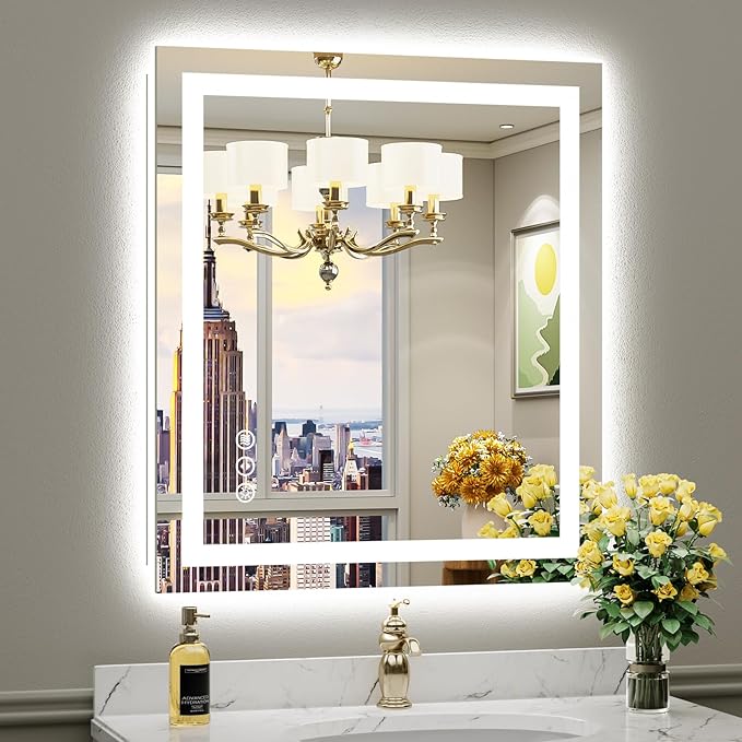 28"x32" LED Bathroom Mirror with Lights, Backlit & Front Lit, Anti-Fog Lighted Bathroom Vanity Mirror for Wall, Memory Function, Dimmable, HD Tempered Glass, Shatter-Proof