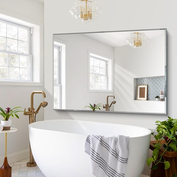 60x40 Large Beveled Mirror, Frameless Beveled Bathroom Mirrors for Over Sink, Upgraded Shatterproof Beveled Frameless Vanity Mirror for Bathroom,Bedroom,Living Room and Entryway