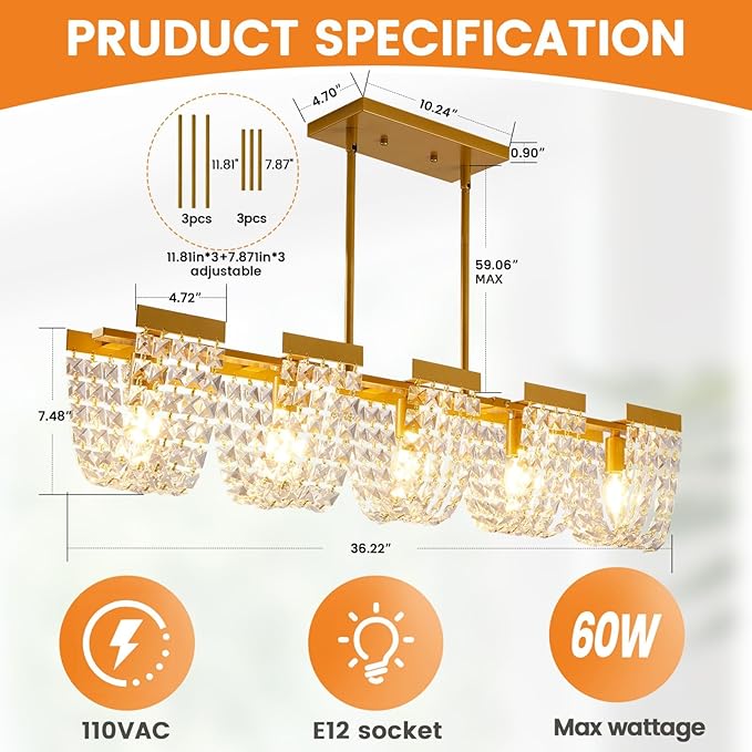 36" Gold Chandelier, 5-Light Crystal Chandeliers for Dining Room, Modern Dining Room Light Fixture, Farmhouse Kitchen Island Lighting, Vintage Hanging Pendant Lights, Dining Chandelier Over Table