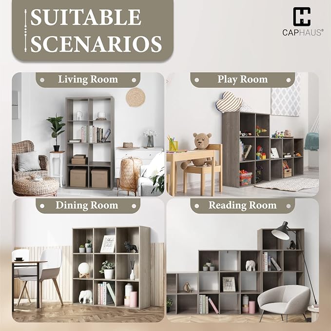 CAPHAUS Sturdy Room 13-Inch Cube Storage Organizer Shelf, with Extra Thick Exterior Edge, Open Storage Shelf Divider, Bookcase, 6/8/9 Cube, Colors Available in Rustic Grey Oak and White