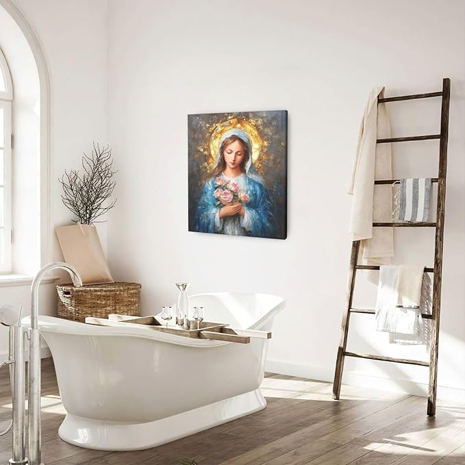Christian Mary Wall Art Mary Mother Of God Canvas Wall Decor Catholic Blessed Mother with Roses Pictures Christ Paintings Prints Religious Bible Artwork Framed Decorations For Church Prayer Room Chapel Bathroom Bedroom Living Room Gifts 20" x 24"