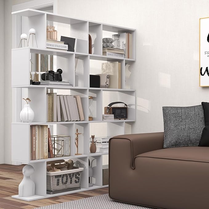5 Tier Geometric Bookcase, S Shaped Bookshelf, Modern Decorative Storage Shelving, Wooden Room Divider Bookcase, 62.5" Tall Staggered Display Book Shelf for Living Room (2, White)