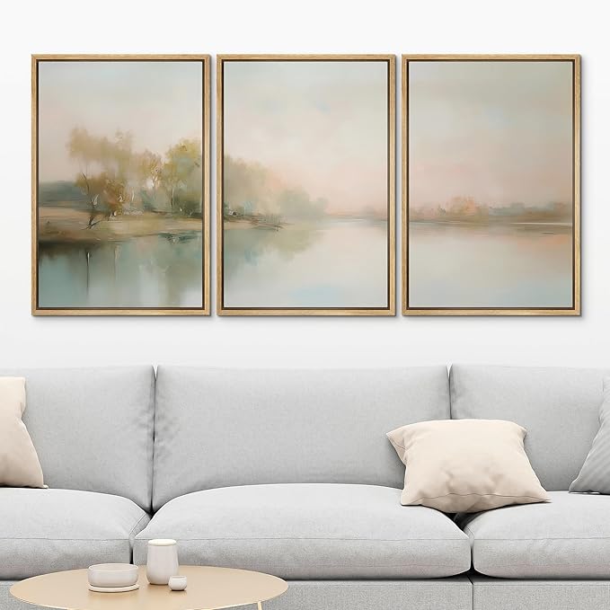 MUDECOR Framed Wall Art Print Set Soft Pastel Landscape Serene Waters and Reflections Illustrations Modern Art Boho Decorative Colorful Chic for Living Room, Bedroom, Office - 24"x36"x3 Natural