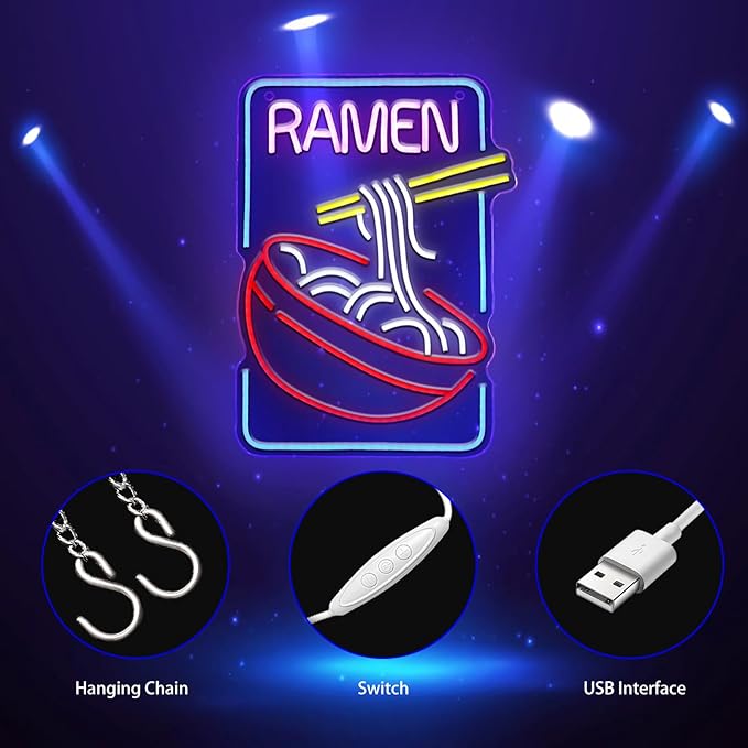 Neon Sign, Ramen Neon Signs for Wall Decor Neon LED Signs Room Neon Light Up Signs Home Decor for Business Restaurant Bedroom Club Party Bars Shop Decoration USB Operated