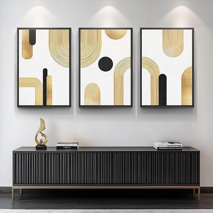 Large Framed Gold Abstract Geometric Wall Art for LIving Room, 3 Piece Modern Canvas Prints Paintings Artwork for Walls, Minimalist Black White Gold Pictures for Hallway Office Wall Decor 24x36 Inch