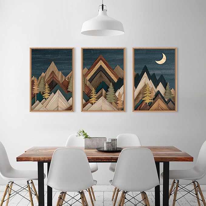 Mountain Woodcut Nature Framed Canvas Wall Art Set,Vintage Pine Tree Wall Decor, Country Wilderness Forest Wall Painting,Modern Navy blue Art Prints for Living Room,Bedroom,Farmhouse - 24"x36"x3