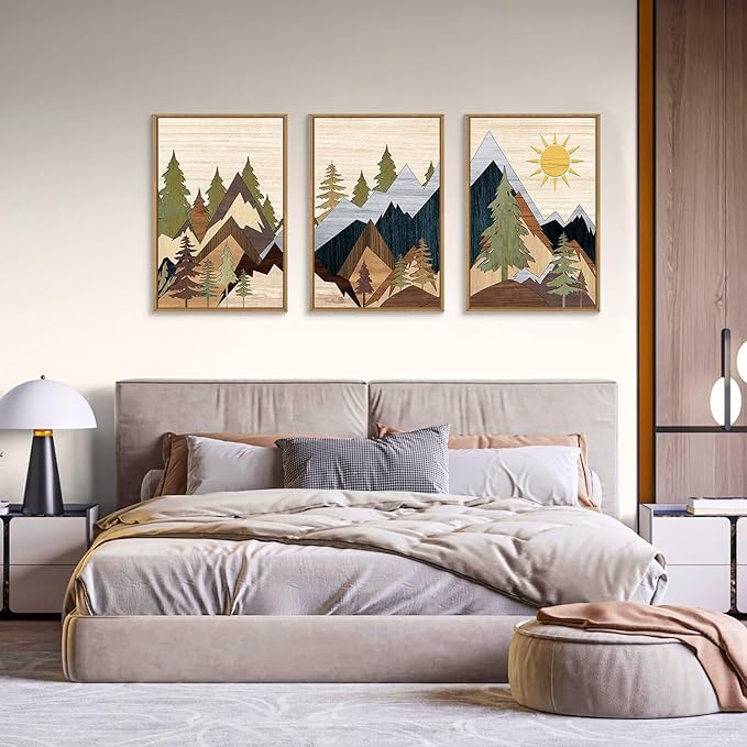 Mountain Pine Tree Framed Canvas Wall Art Set, Nature Wilderness Illustration Wall Decor, Woodcut Forest Wall Painting, Mid Century Modern Art Print for Living Room Bedroom Office 16"x24"x3