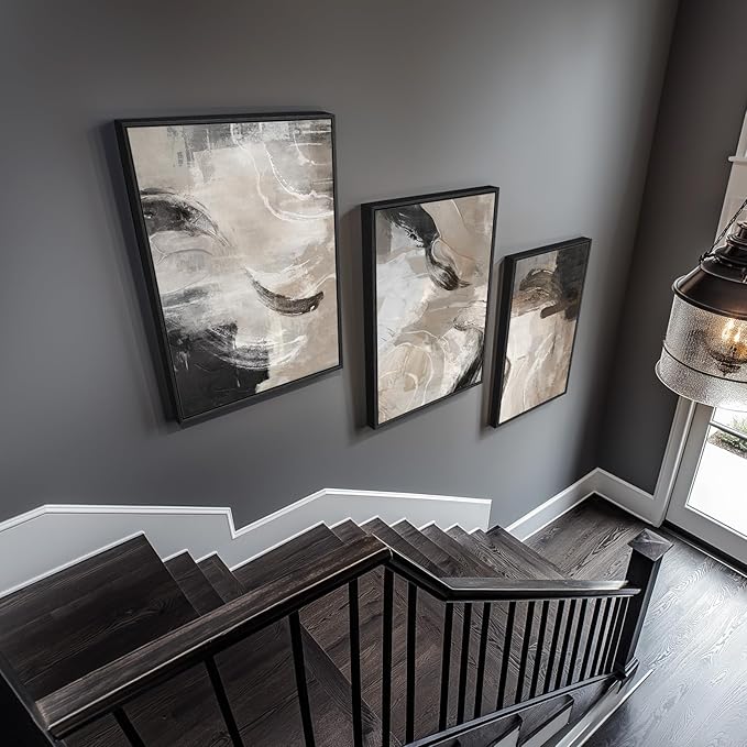 Large Framed Neutral Abstract Wall Art for Living Room, 3 Piece Modern Canvas Prints Paintings Artwork for Walls, Black Beige Brown Neutral Tone Pictures for Hallway Bedroom Office Wall Decor 24x36 In
