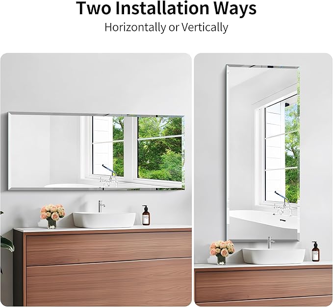 KOCUUY Beveled Mirror, 20x48 Inch Frameless Bathroom Mirror for Over Sink, Upgraded Shatterproof Beveled Unframed Design Mirror for Bathroom, Bedroom, Hang Horizontal/Vertical