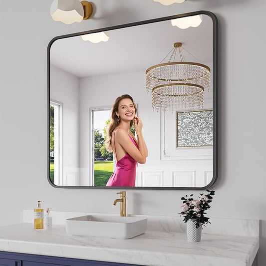 Koonmi Bathroom Mirror, 36X40 Inch Black Metal Framed Mirror for Bathroom, Tempered Glass, Anti-Rust, Rounded Rectangle Mirror for Restroom, Bedroom, Black