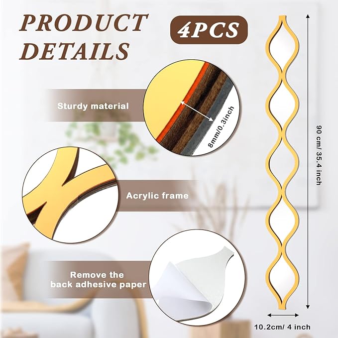 Qunclay Teardrop Mirror Wall Art Decorative Mirror Wall Decor Long Narrow Hanging Art for Apartment Living Room Bathroom Bedroom Entryway(Gold,4 Pcs)