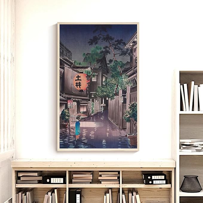 OZCONO Japanese Street Scene Art Print, Vintage Evening Cityscape, UV-Resistant Giclée Wall Decor, Unframed (24L x 16W)