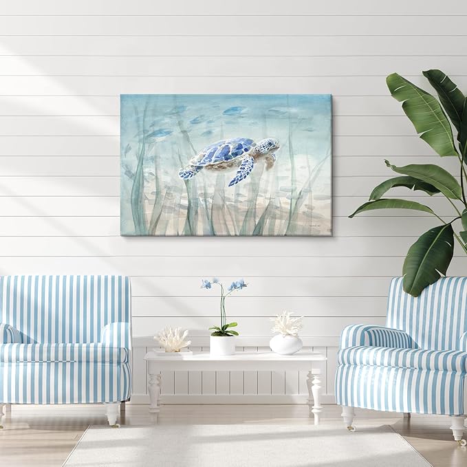 Ocean Wall Decor Blue Turtle Canvas Art Sea Grass Pictures Coastal Print Painting Nautical Artwork For Home Office Ready to Hang 36x24 Inch