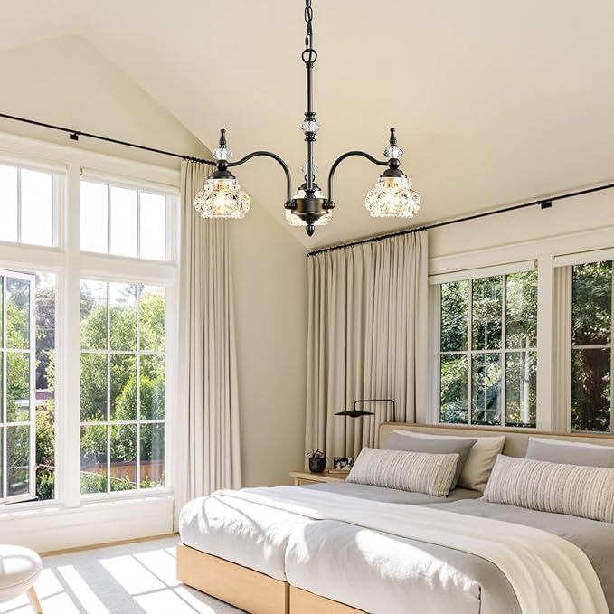 Black Chandelier, 3-Light Crystal Chandeliers for Dining Room, Farmhouse Dining Room Light Fixture, Dining Room Light Fixtures Over Table, Modern Hanging Pendant Lights for Bedroom, Kitchen Island