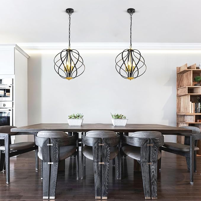 17” Modern Black and Gold Chandelier for Dining Room - 4-Light Industrial Sphere Pendant Light, Hanging Geometric Chandelier for Kitchen, Entryway, Foyer, Stairs