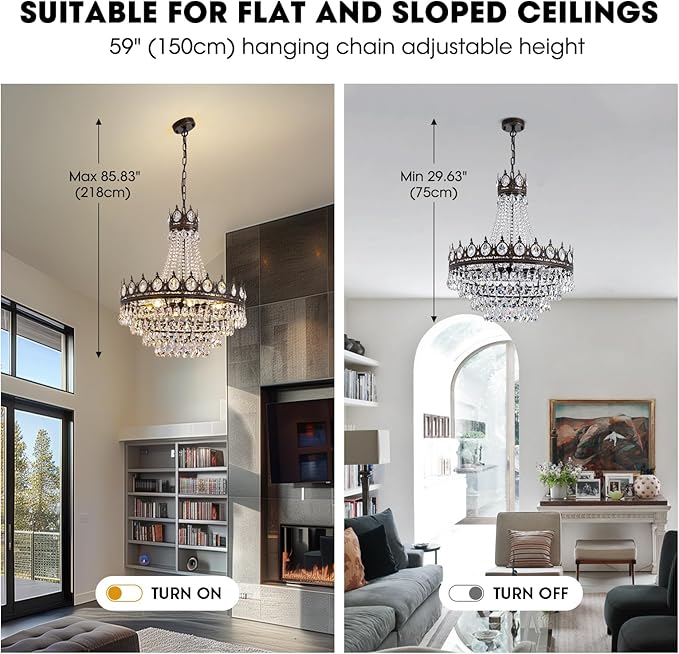 7PM Large Crystal Chandeliers, Vintage French Empire Chandelier, Antique Bronze Crystal Pendant Light, Rustic Farmhouse Ceiling Light for Dining Room Bedroom Living Room Kitchen Foyer, W 24"