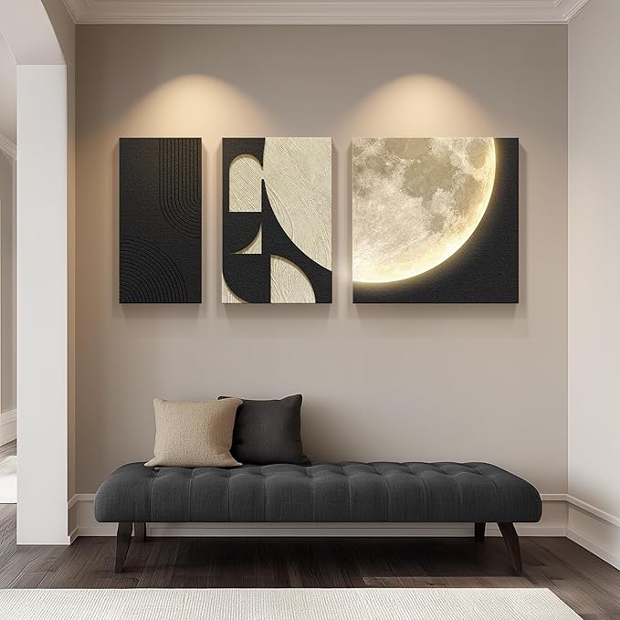 3D Textured Black and White Abstract Wall Art with LED Lights Moon Design, 3 Piece Modern Wall Paintings Artwork for Walls, Minimalist Neutral Black Beige Wall Decor for LIving Room, Hallway, Bedroom