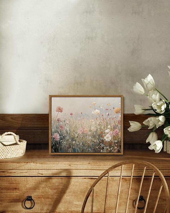 KISSFOX Vintage Summer Wildflower Framed Wall Art Flower Landscape Canvas Art Rustic Country Paintings Art Prints Modern Farmhouse Pictures Wall Decor For Kitchen Bedroom