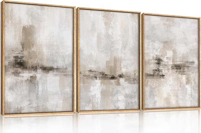 Ausril Large Minimalist Textured Framed Canvas Wall Art Set, Neutral Abstract Wall Decor, Modern Beige Gray Wall Painting, Brown and White Art Print for Living Room, Bedroom, Office 16" × 24" × 3