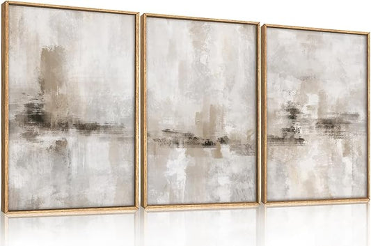 Ausril Large Minimalist Textured Framed Canvas Wall Art Set, Neutral Abstract Wall Decor, Modern Beige Gray Wall Painting, Brown and White Art Print for Living Room, Bedroom, Office 16" × 24" × 3