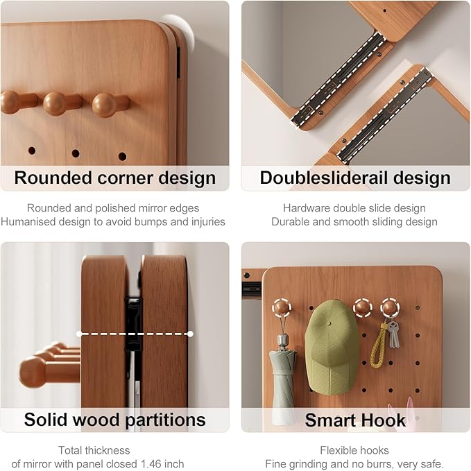 KungFuWood Full Length Mirror with Shelf and Hooks,Entry Way Mirrors for Wall,Wall Mirror with Shelf,Wall Mirror with Storage Multifunctional Design Panel,Living Room