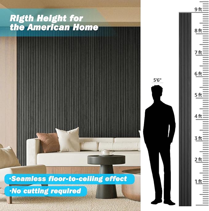 Art3d Slat Wood Wall Paneling for Interior and Ceiling Decoration - Pack of 4pcs + 1pc End-Trim, Size 108 x 5.7in.- Black