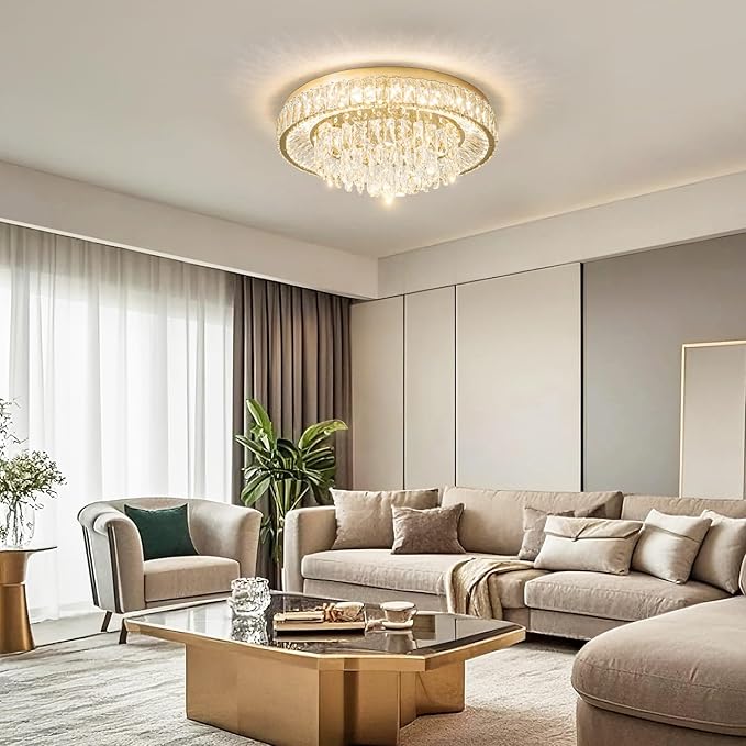 Modern Dimmable Led Crystal Chandelier: Flush Mount Crystals Ceiling Light with Remote - 24" Round Crystal Chandeliers Gold Ceiling Lighting Fixtures for Dining Room Bedroom Living Room Entryway