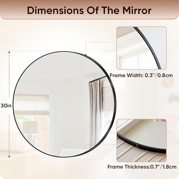 Antok Wall Mirror, 30"x30" Bathroom Vanity Mirror, Anti-Rust HD Tempered Glass, Wall Mounted Mirrors for Living Room, Entryway, Black Frame, Round