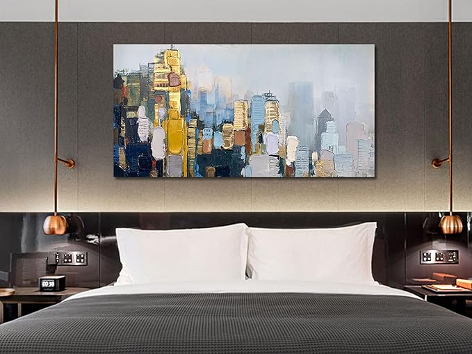 Arjun Neutral Wall Art Painting Oversize Abstract Art Wall Decor Canvas, Textured Skyline for Living Room Gold Painting Modern Artwork for Men Bedroom Cityscape Home Office Wall Decor, 58"x 29"