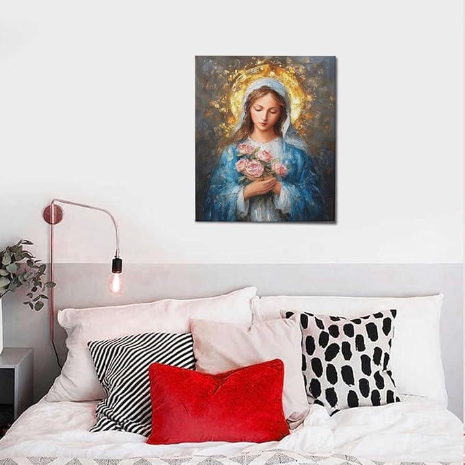 Christian Mary Wall Art Mary Mother Of God Canvas Wall Decor Catholic Blessed Mother with Roses Pictures Christ Paintings Prints Religious Bible Artwork Framed Decorations For Church Prayer Room Chapel Bathroom Bedroom Living Room Gifts 20" x 24"