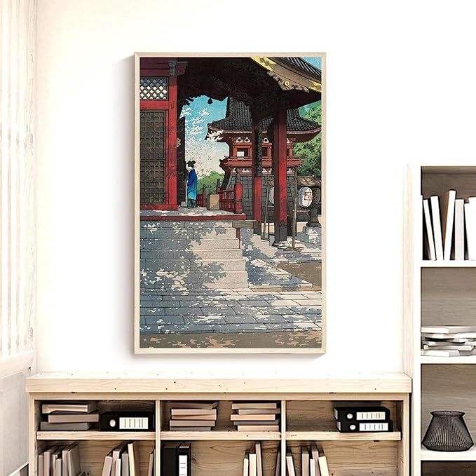 OZCONO Japanese Temple Art Print, Traditional Shrine Wall Decor, Vintage Style Ukiyo-e Woodblock Design, UV-Resistant Giclée Print (11L x 9W)