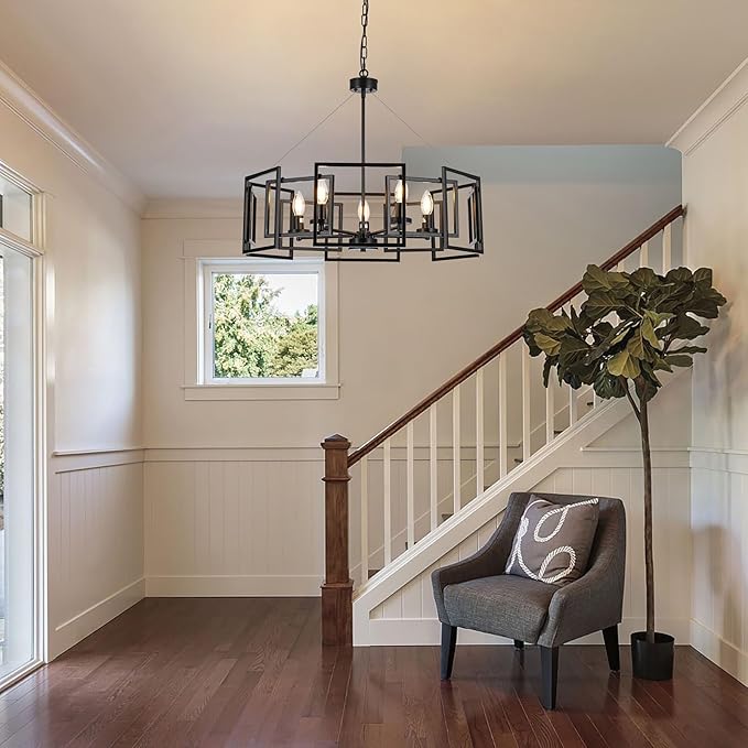 5-Light Black Geometric Chandelier,Height Adjustable Industrial Chandelier for Dining Room,Modern Farmhouse Chandelier Light Fixture over Table,for Bedroom,Living Room,Entryway,Bulbs Not Included