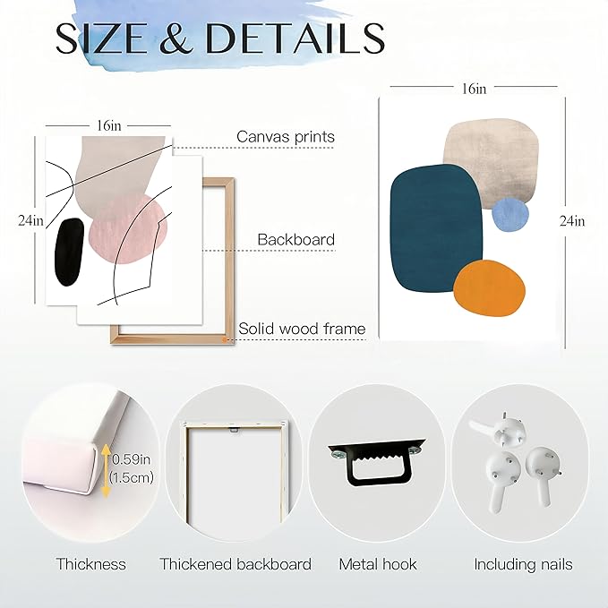 ouiytws Abstract Wall Art Set of 3 – Mid Century Modern Geometric Canvas Prints, Minimalist Teal Orange Beige Artwork for Living Room, Bedroom, Office, Bathroom Wall Décor，Frame 16x24in