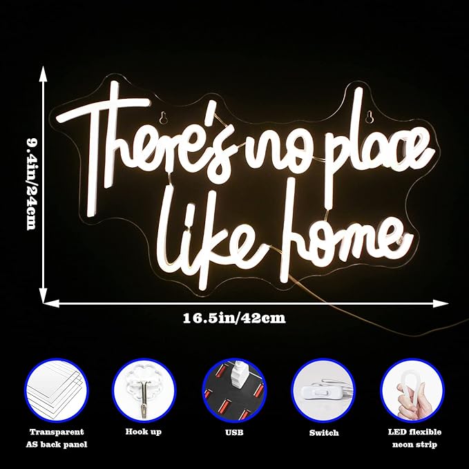 Lucunstar There‘s No Place Like Home Neon Sign,Neon Sign For Room,Warm White Led Neon Light for Wall Decor,Light Up Sign for Wedding,Home Party,USB Connectivity Bedroom Decor,Home Decor