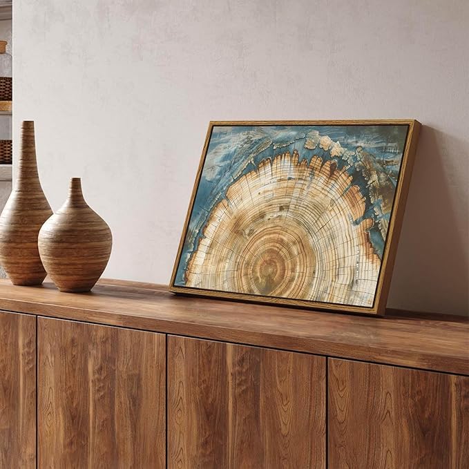 BingruiArt Framed Tree Ring Canvas Wall Art Abstract Wood Wall Decor Boho Modern Colorful Nature Painting Wood Stump Prints Pictures for Living Room Bedroom Bathroom Office 12"x16" Natural Framed(08)