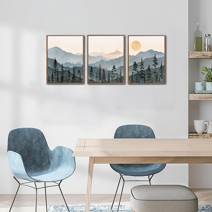 LHIUEM Boho Mountain Framed Canvas Wall Art Set of 3(12”X16”) Forest Pine Tree Wall Decor Nature Sunrise Wilderness Landscape Art Painting Forest Wall Art for Living Room Bedroom Dining Room Office