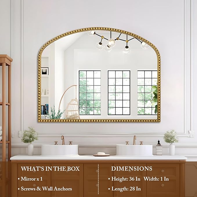 28"x36" Large Arch Wall Mirror, Decorative Beaded Frame Hanging Vanity Mirror for Dresser, Bathroom, Entryway, Bedroom, Mantel, Antique Gold