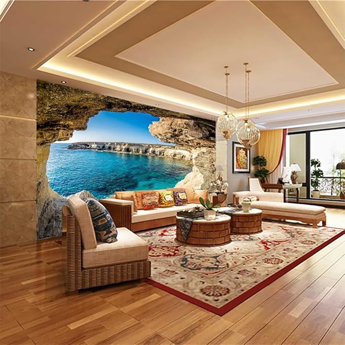 Cave Scenery Peel Stick Stick Wallpaper, Sky Ocean Self Adhesive Removable 3D Murals, Large Waterproof for Living Room Bedroom Playroom Wall Decors,144" W x 100" H