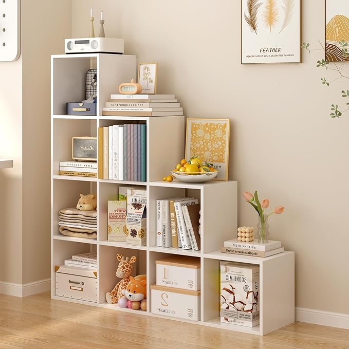 Ladder Cube Storage Bookcase - Wooden L-Shaped 4-Tier Corner Shelf, Reversible 10-Cube Organizer for Home & Office, White