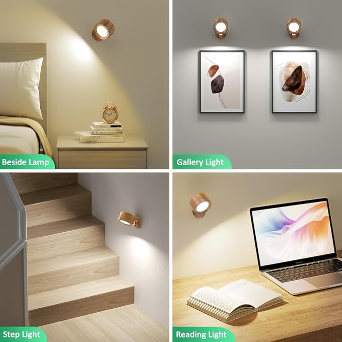 Lightbiz LED Wall Lights, Wall Sconces 2 Pcs with Remote Rechargeable Battery Operated, 3 Color Temperatures & Dimmable Wall Lamp Magnetic 360° Rotation Light for Bedroom Living Room