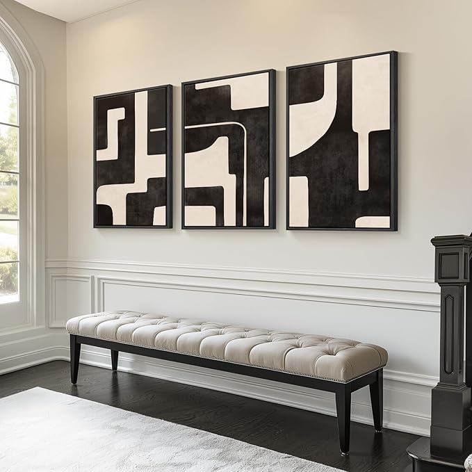 Large Framed Neutral Abstract Wall Art for Living Room, 3 Piece Black Beige Canvas Prints Paintings Artwork for Walls, Modern Minimalist Abstract Pictures for Hallway Office Wall Decor 24x36 In
