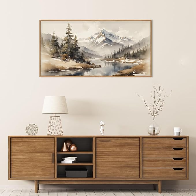 Ausril Watercolor Misty Mountain Framed Canvas Wall Art Set, Foggy Pine Tree Wall Decor, Winter Landscape Wall Painting, Nature Snowy Scene Art Print for Living Room, Bedroom, Office - 20"X40"