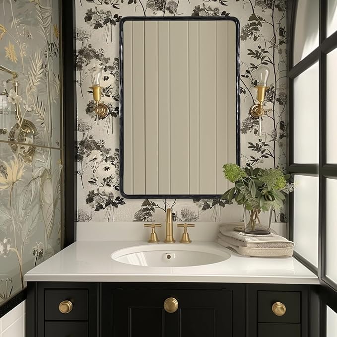 ANDY STAR Hand-Forged Black Bathroom Mirrors for Wall, 22x30 Inch Vintage Solid Steel Metal Frame Bathroom Vanity Mirror, Antique Rounded Rectangle Wall Mirror, Hangs Horizontally or Vertically