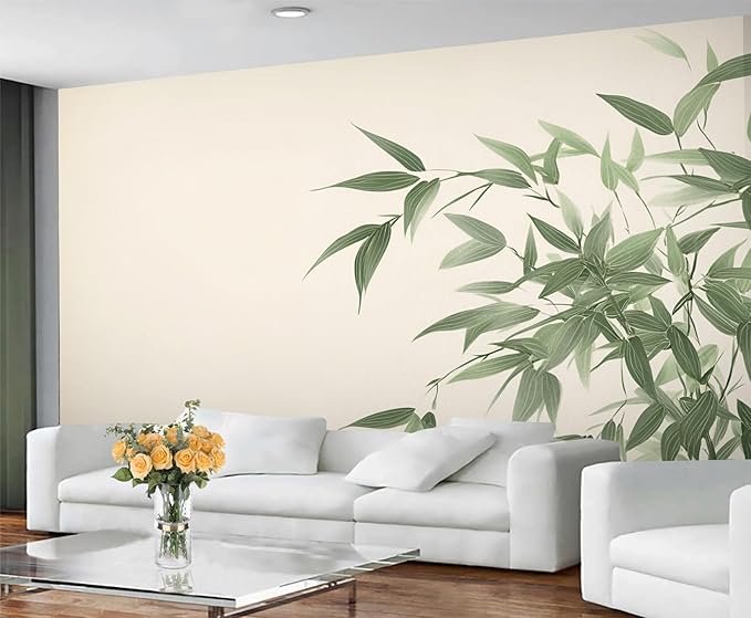 Chinese Mural Wallpaper, Green Bamboo Leaf Murals, Abstract 3D Landscape Murals Wallpaper for Living Room Bedroom Tv Background Wall Home Decor Mural (Not Peel Stick)