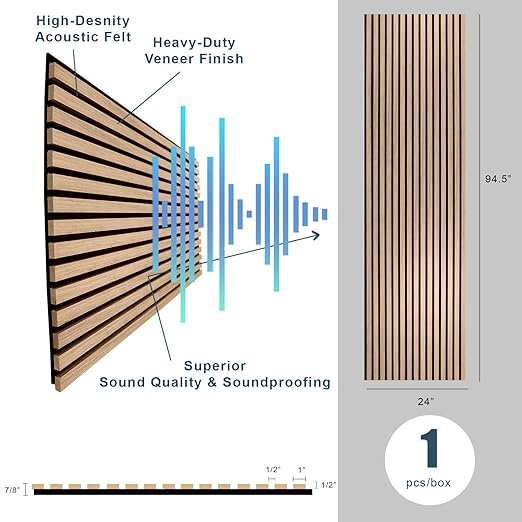 94" L x 24" W Acoustic Wood Wall Paneling, Decorative Sound Proof Panels for Walls and Ceilings, 3D Slat Wood Wall Panels (Set of 10) (Light Walnut)
