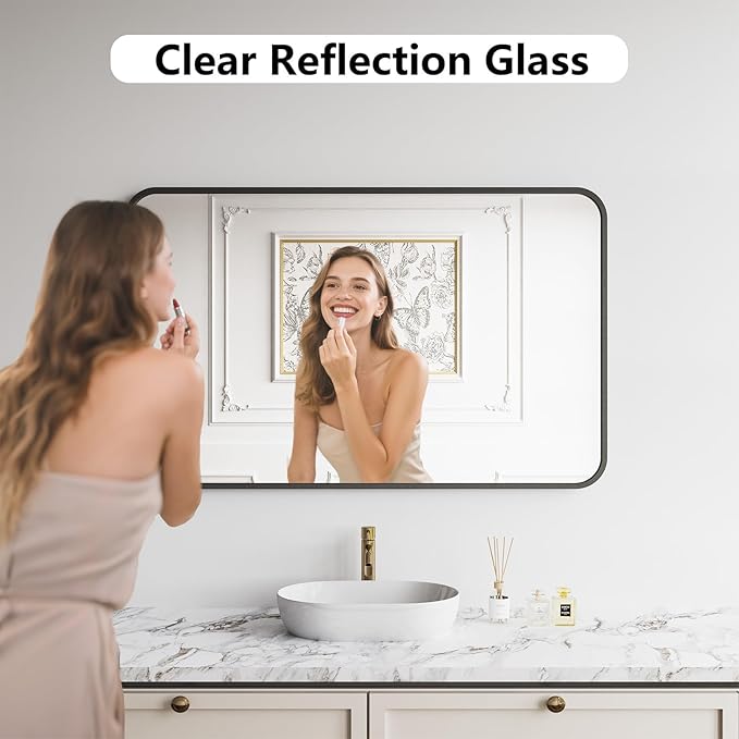Bathroom Mirror, 30X48 Inch Black Metal Framed Mirror for Bathroom, Tempered Glass, Anti-Rust, Rounded Rectangle Mirror for Restroom, Bedroom, Black