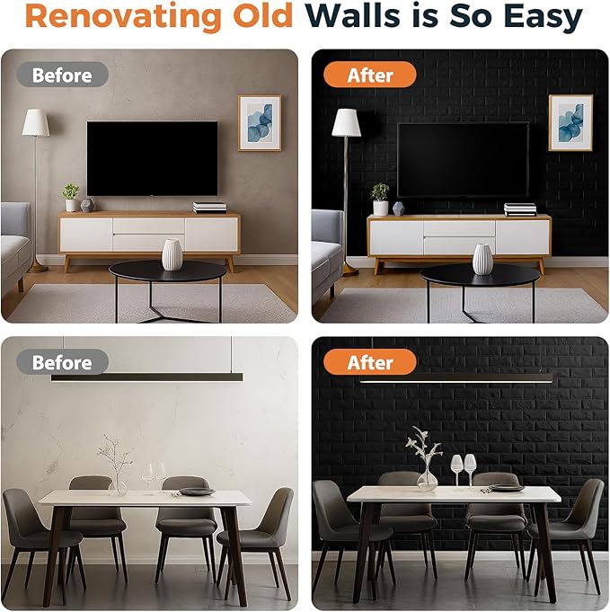 Circloophs 3D Wall Panels Stick and Peel, Black Brick Printable 3D Wallpaper Stick and Peel Self Adhesive Waterproof Foam Faux Brick Paneling for Bedroom, Bathroom, Kitchen, Fireplace (11, Black)