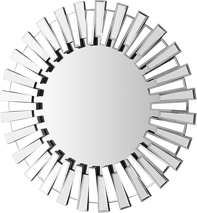 BST FURNH Large Round Mirror Wall Decor 32 Inches Big Decorative Wall Mirror with Irregular Framed and Beveled Edge Mirrors for Wall Silver Large Wall Mirror Frameless Mirrors