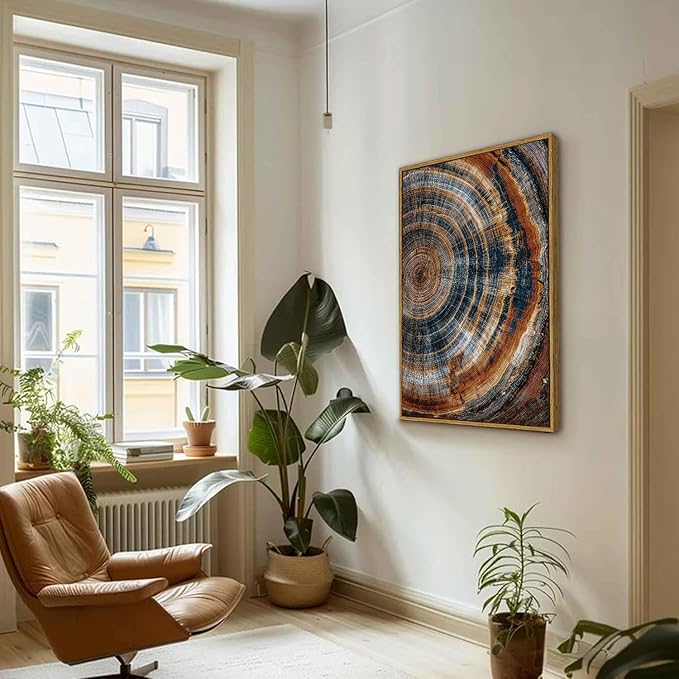 BingruiArt Large Framed Tree Ring Wall Art Wood Canvas Colorful Boho Wall Decor Rustic Artwork Abstract Painting Farmhouse Picture Nature Print for Living Room Bedroom Bathroom 24"x36" Natural Framed(04)