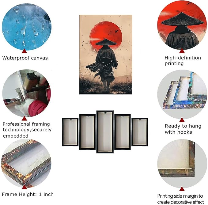 Japanese Martial Pictures Wall Art Samurai Painting Canvas Prints Japaneses Culture Art Posters Artwork Home Decor Framed for Living Room Bedroom Office (18''W x 24''H)